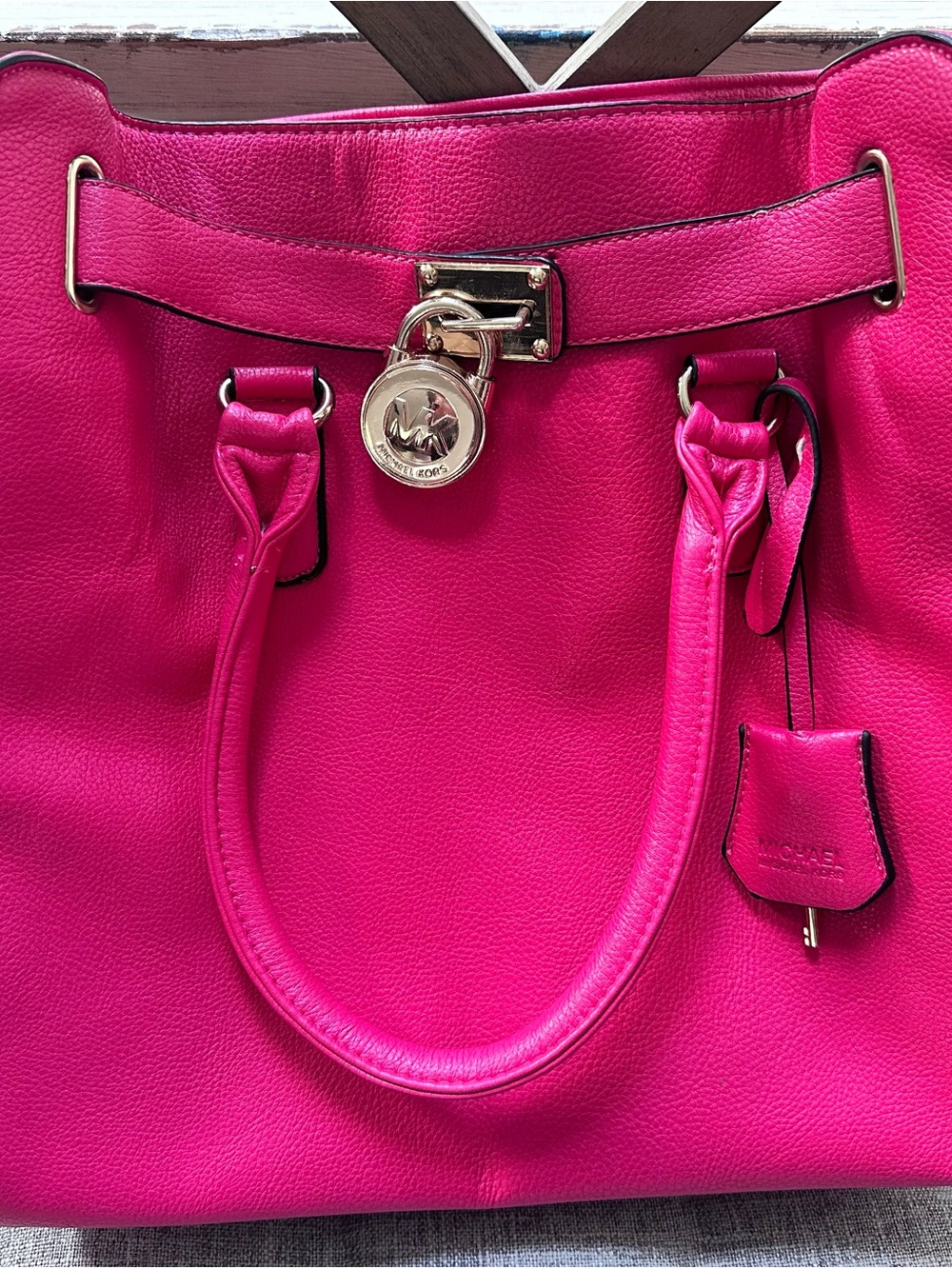 Michael Kors Fuchsia Leather Shoulder Tote with Gold Hardware